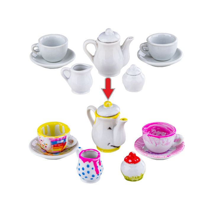 Porcelanowy Zestaw Do Malowania, Filiżanki, Imbryk, Farby + Akcesoria DIY 21 Elementów