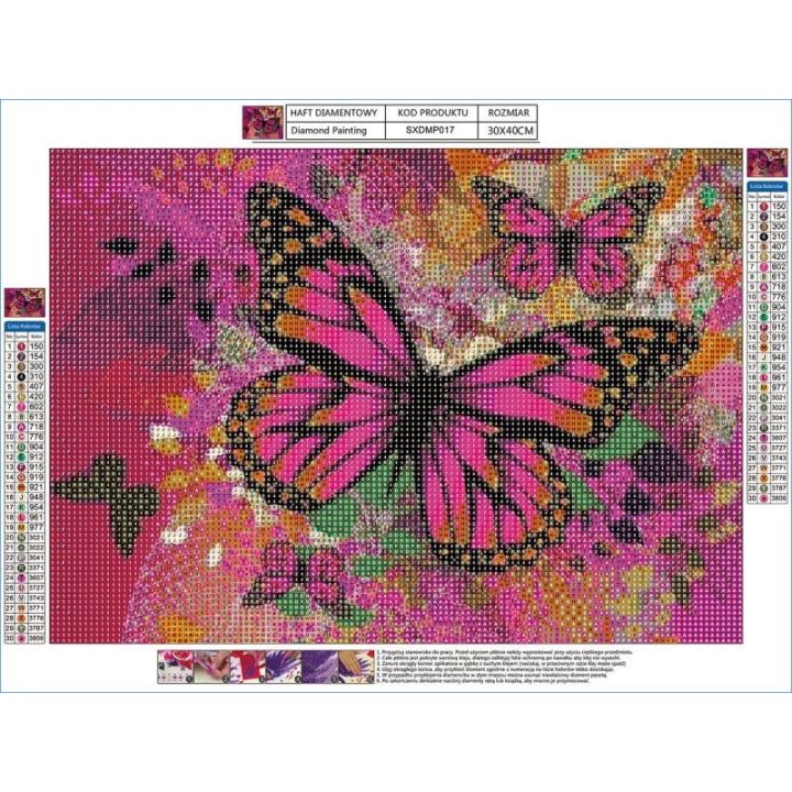 Haft Diamentowy, Obraz, Mozaika Diamentowa Diamond Painting, MOTYLE W RÓŻU 40x30cm