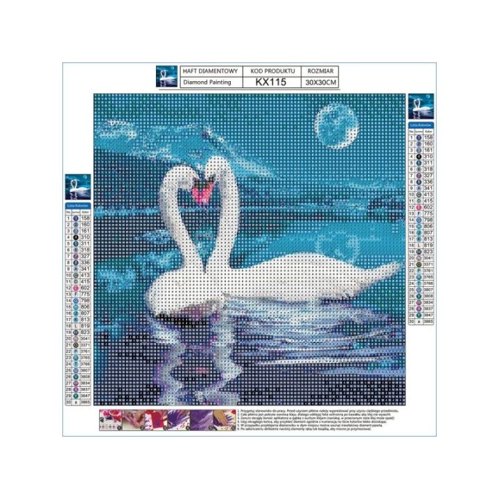 Haft Diamentowy, Obraz, Mozaika Diamentowa Diamond Painting, DWA ŁABĘDZIE 30x30cm