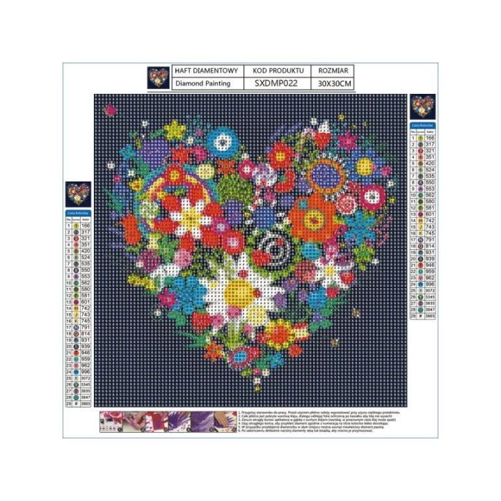Haft Diamentowy, Obraz, Mozaika Diamentowa Diamond Painting, KWIECISTE SERDUSZKO 30x30cm