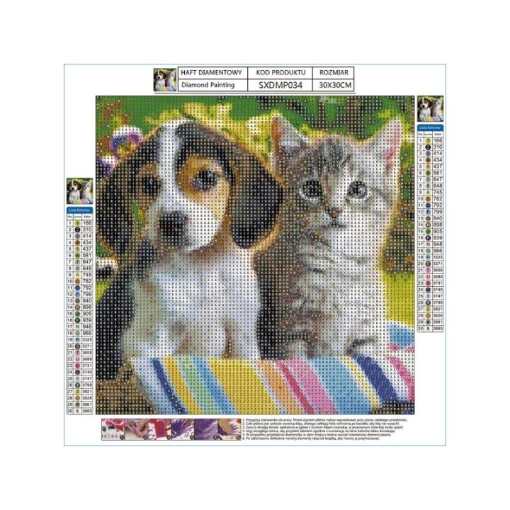 Haft Diamentowy, Obraz, Mozaika Diamentowa Diamond Painting, SZCZENIAK Z KOTKIEM 30x30cm