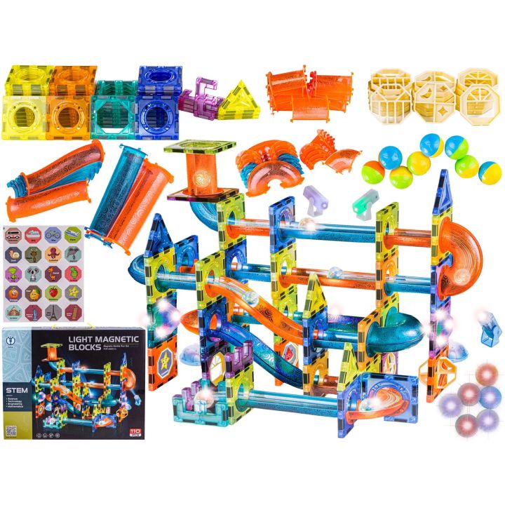 Świecące Klocki Magnetyczne, Tor Kulkowy Dla Kulek 110 Elementów Kulodrom