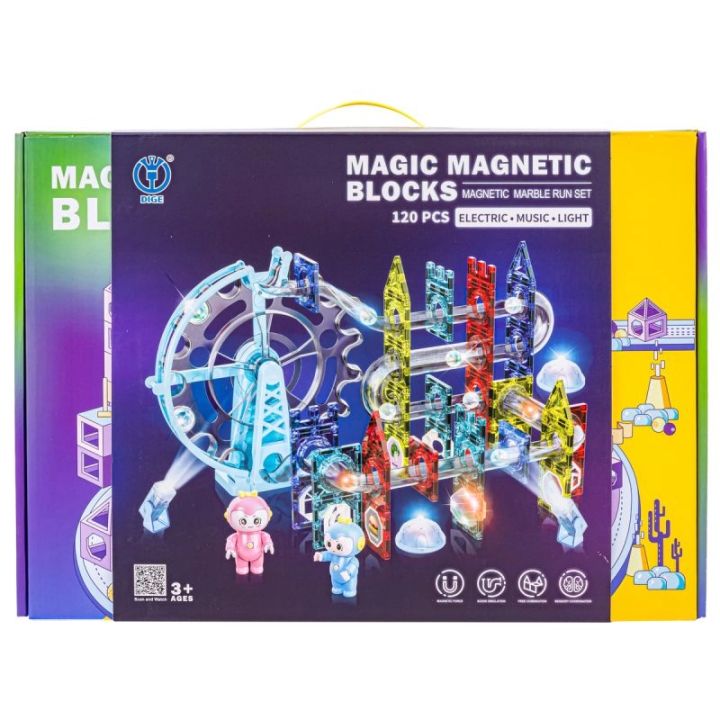 Świecące Klocki Magnetyczne, Tor Kulkowy Dla Kulek 120 Elementów Kulodrom
