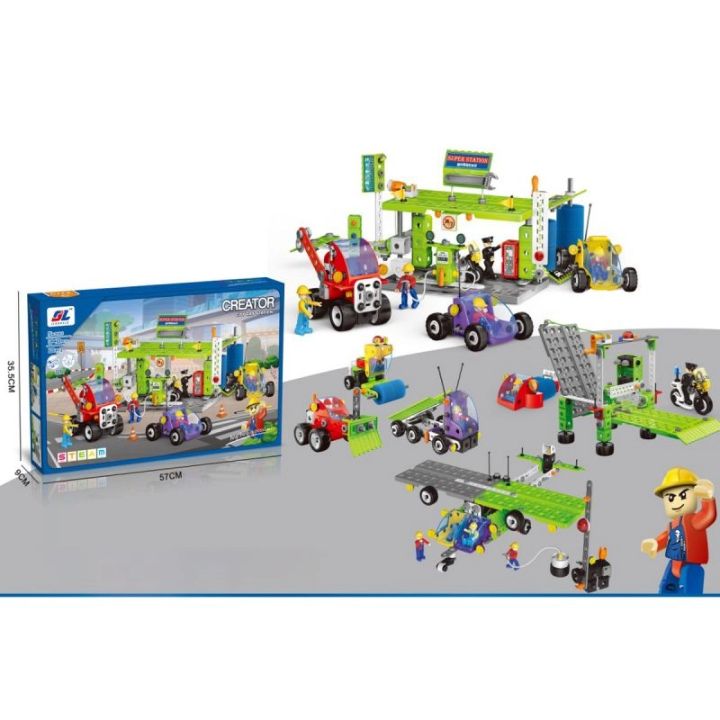 Klocki Konstrukcyjne MIASTO 340 El. Pojazdy, Stacja Benzynowa, Auto, Samochód, Samolot Do Rozkręcania I Skręcania 10w1