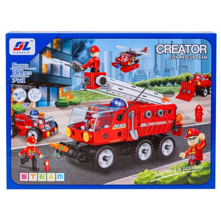 Klocki Konstrukcyjne STRAŻ POŻARNA 159 El. Pojazdy Ratunkowe, Ciężarówka, Helikopter, Auto Do Rozkręcania I Skręcania 7w1