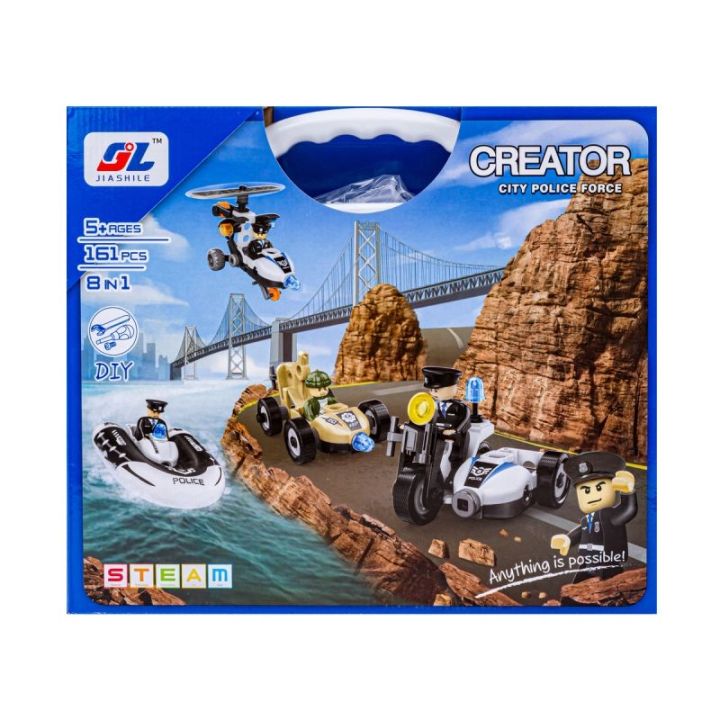 Klocki Konstrukcyjne 161 El. POLICJA, ZESTAW POLICYJNY, Motocykl, Ponton, Samochód Do Rozkręcania I Skręcania 8w1