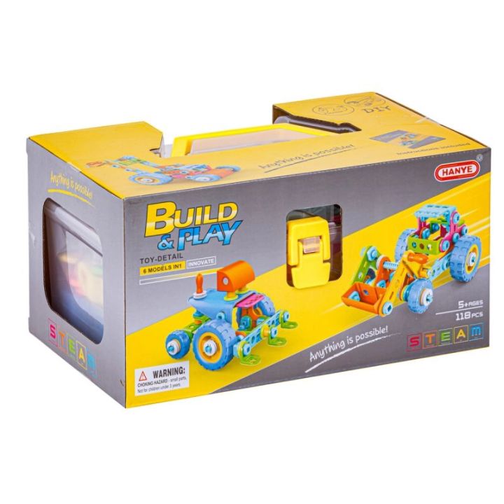 Kolorowe	Klocki Elastyczne, Konstrukcyjne 118 El., Koparka, Traktor, Pojazdy Budowlane Do Rozkręcania I Skręcania