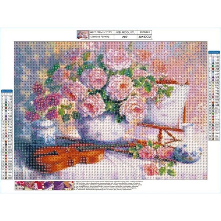 Haft Diamentowy, Obraz, Mozaika Diamentowa Diamond Painting, BUKIET KWIATÓW, SKRZYPCE 40x30cm