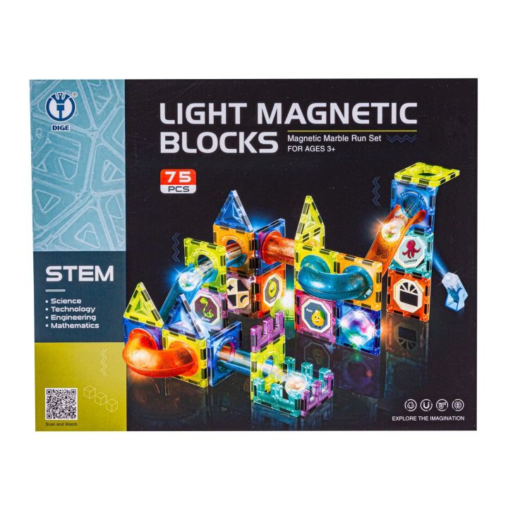 Świecące Klocki Magnetyczne, Tor Kulkowy Dla Kulek 75 Elementów Kulodrom