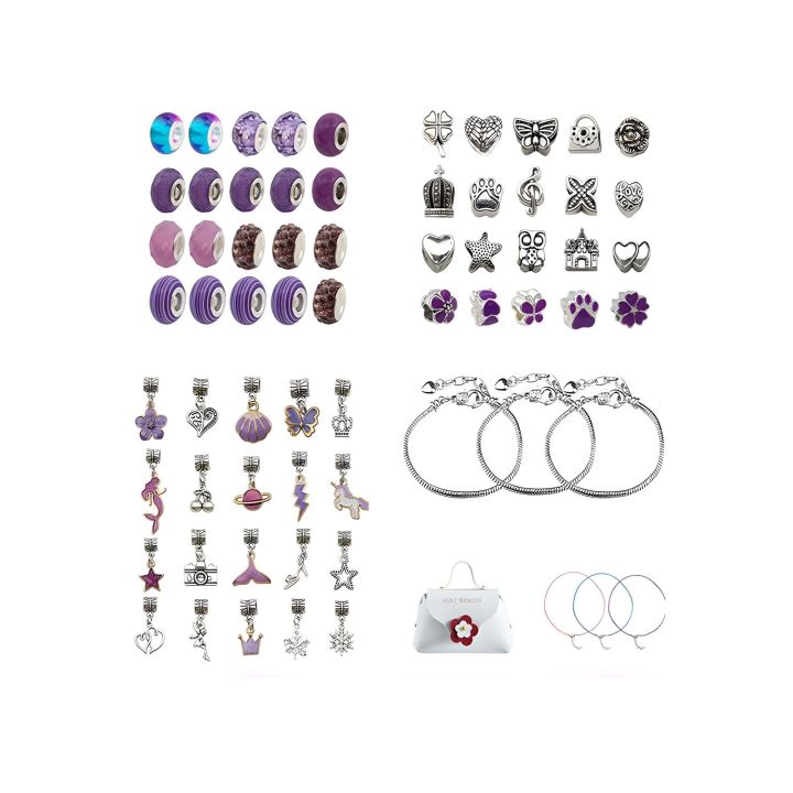 Zestaw Do Tworzenia Robienia Biżuterii, Bransoletek, Charmsy, Zawieszki, Koraliki 66el. ODCIENIE FIOLETU + Kosmetyczka