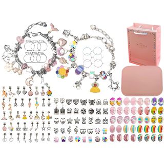 Zestaw Do Tworzenia Robienia Biżuterii, Bransoletek, Charmsy, Zawieszki, Koraliki TĘCZOWO-RÓŻOWY MIX + Etui