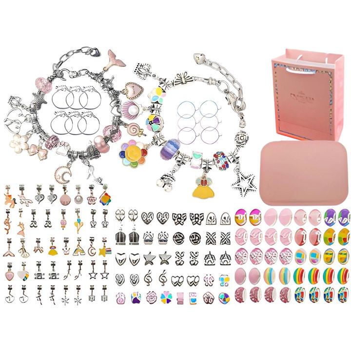 Zestaw Do Tworzenia Robienia Biżuterii, Bransoletek, Charmsy, Zawieszki, Koraliki TĘCZOWO-RÓŻOWY MIX + Etui